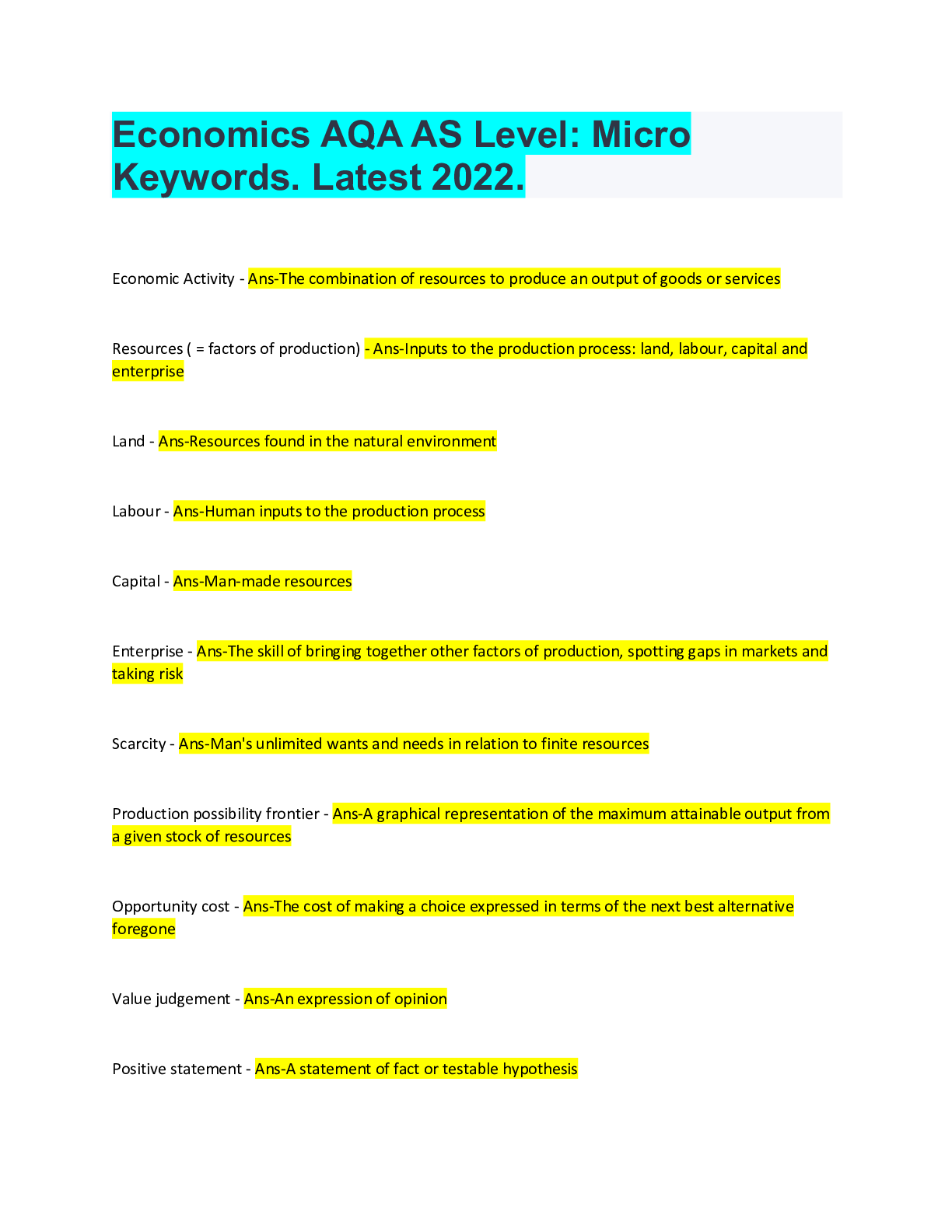 Preview image for Economics AQA AS Level: Micro Keywords. Latest 2022.